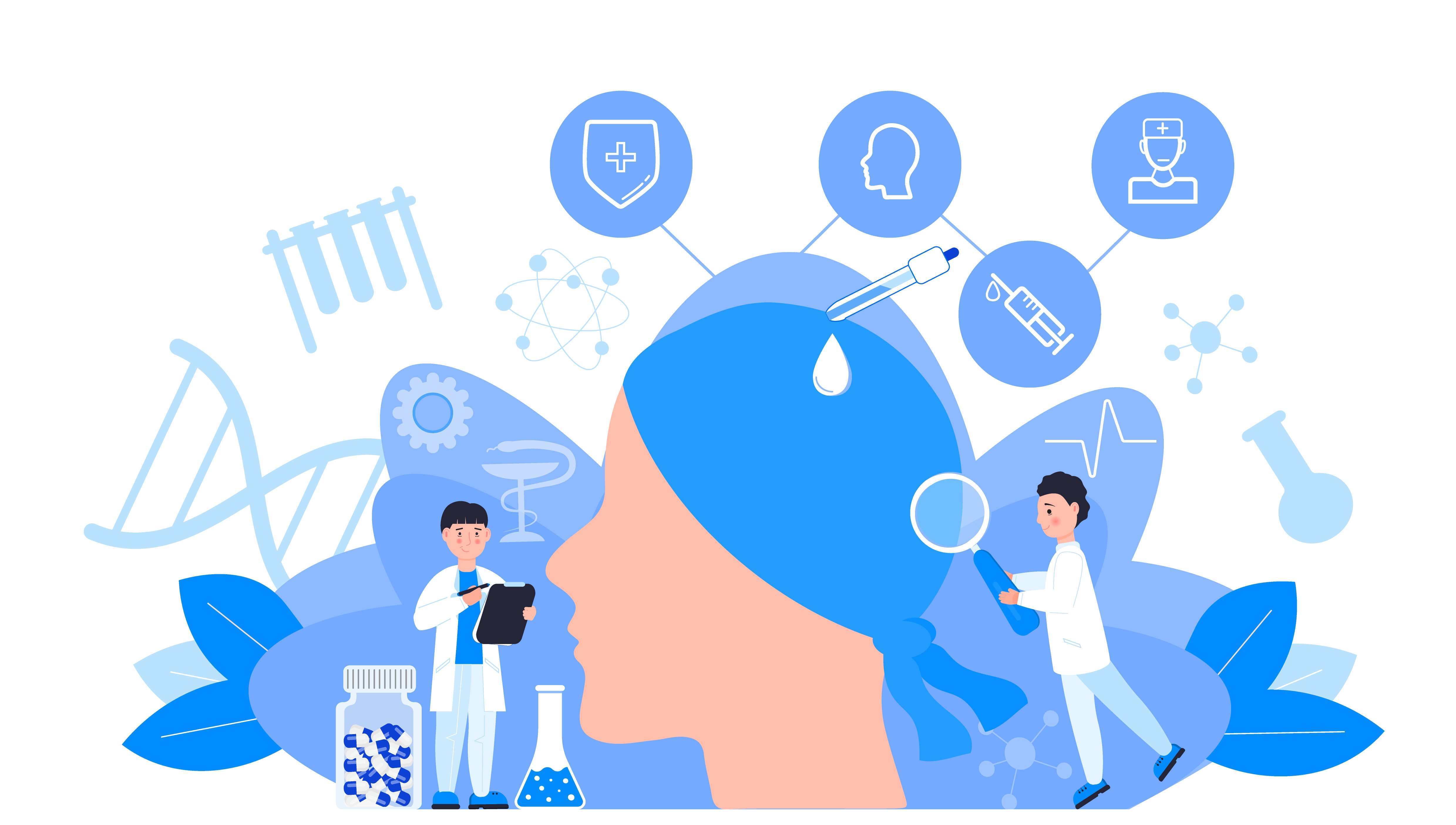Oncologist concept vector for app, web, blog. Tiny doctors of oncology treat patient and fight with cancer. Innovation therapy illustration. IV fluids, chemotherapy banner.